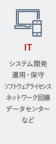 IT システム開発、運用・保守、ソフトウェアライセンス、ネットワーク回線、データセンターなど